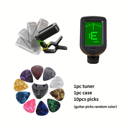 QiJiStar 13pcs Guitar Tuning Kit includes clip-on tuner, capo, picks, case in black color. Suitable for acoustic, ukulele, bass, violin, banjo. Battery powered with ≤36V. Made of ABS