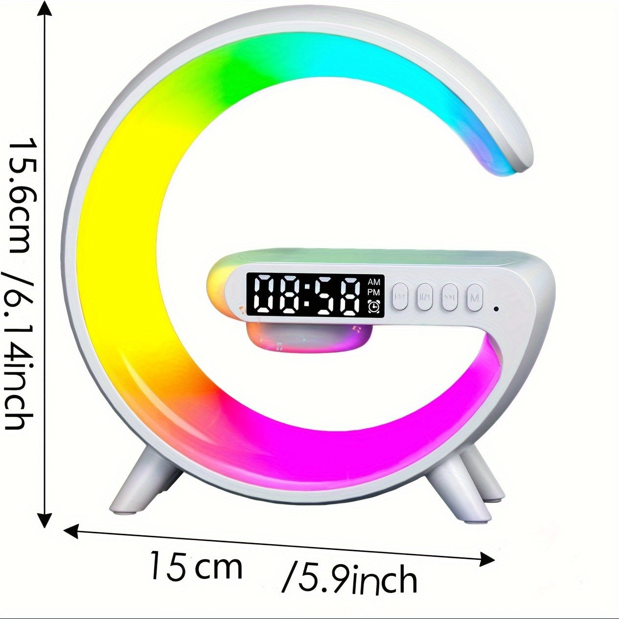 Get the ultimate multifunctional alarm clock with smart features for a perfect wake-up experience. This clock features a sunrise wake-up light with wireless charging capabilities, smart connectivity, timer functionality, music speaker, adjustable colors