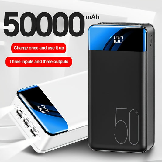 50,000mAh portable power bank with LED display, USB Type-C, universal charger, and 3 input & output ports for outdoor, travel, and emergency use.