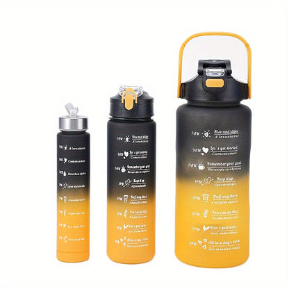 Set of three gradient sports water bottles with time markers, straws, and leak-proof design made of BPA-free PC material. Perfect for various activities and gifting occasions.