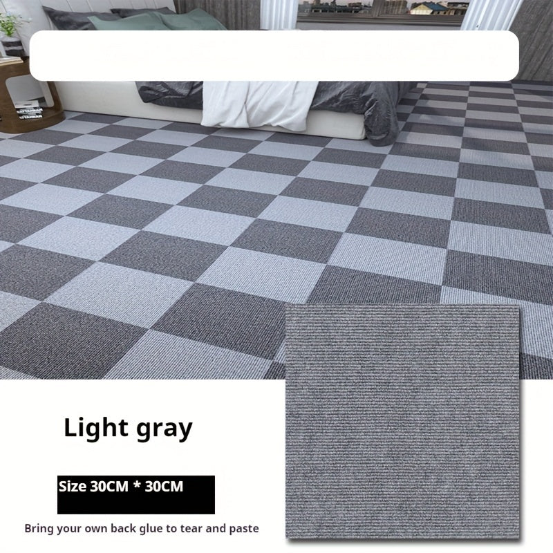 Pack of multiple self-adhesive carpet tiles in a square shape, suitable for both office and home use. These non-slip foam backed polyester rugs are machine-made with a solid pattern, making them perfect for enhancing the decor of any room, office, or