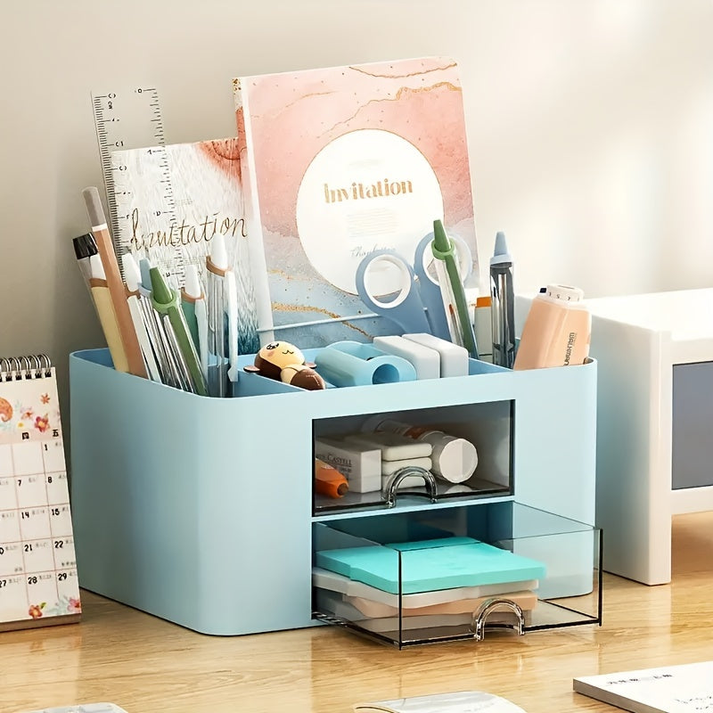 Multifunctional desktop organizer with two drawers for spring, ideal for organizing office supplies, vanity essentials and school items. Made from durable plastic, perfect for offices