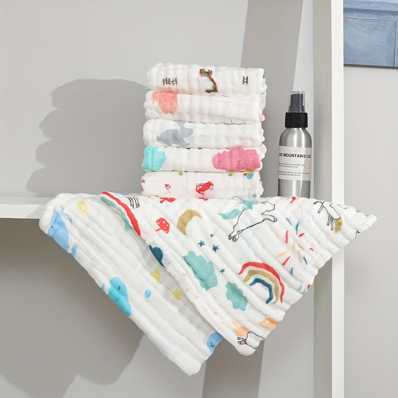 Five pieces of cotton muslin washcloths, soft face cloth for newborns. These absorbent, soft towels are gentle on sensitive baby skin, perfect for wiping, burping, or using as face cloths. Each cloth measures 29.97x29.97 cm.