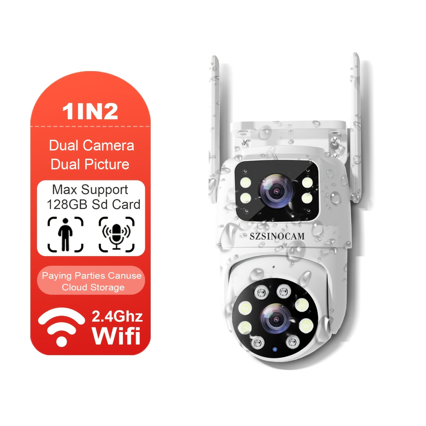 Outdoor Dual Lens WiFi Security Camera with AI Human Tracking, Color Night Vision, Two-Way Audio, and Pan Tilt Rotation. App controlled and USB powered. TF card not included. SZSINOCAM.