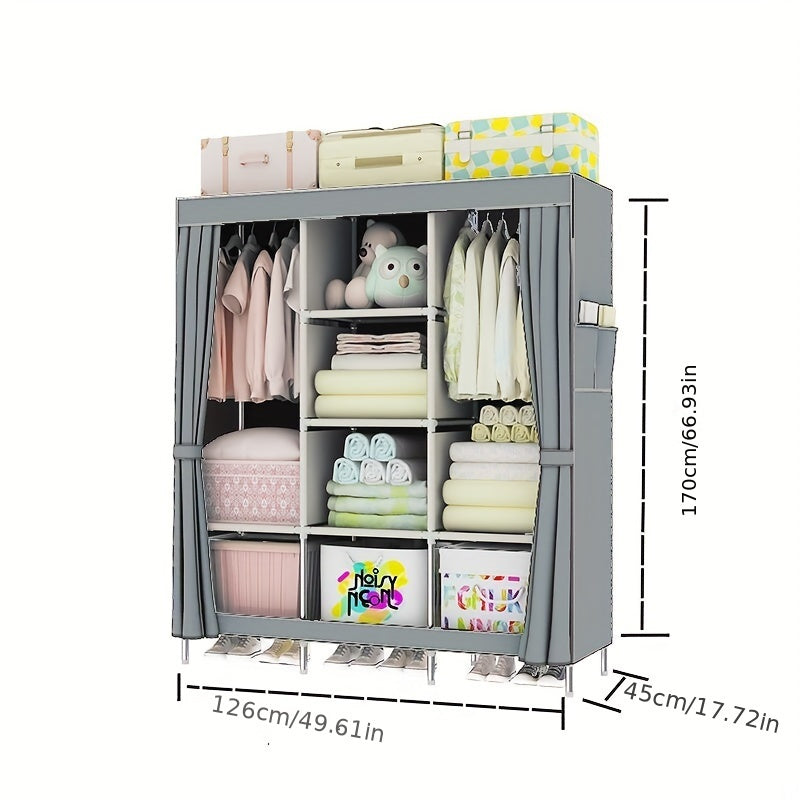 The Elegant Cloth Wardrobe features a durable steel frame, dustproof design, and foldable closet cabinet for storing clothes, pillows, and quilts. Effortlessly organize and store your items with this stylish and sturdy home storage solution.