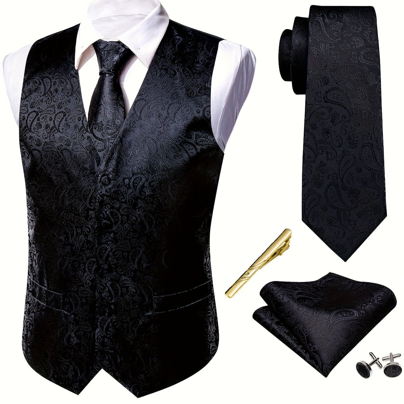 Royal golden floral jacquard V-neck vest suit set for plus size men, perfect for weddings.