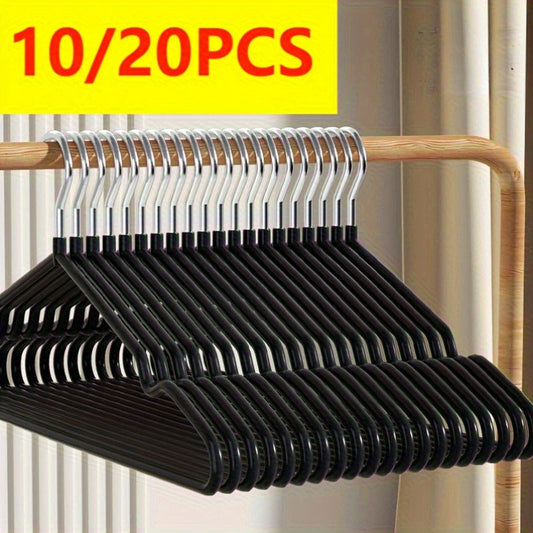 Set of 10 or 20 sturdy metal hangers featuring shoulder notches for a non-slip grip, perfect for organizing closets and wardrobes. The hangers are spray-painted for a sleek look and are designed for multiple uses.