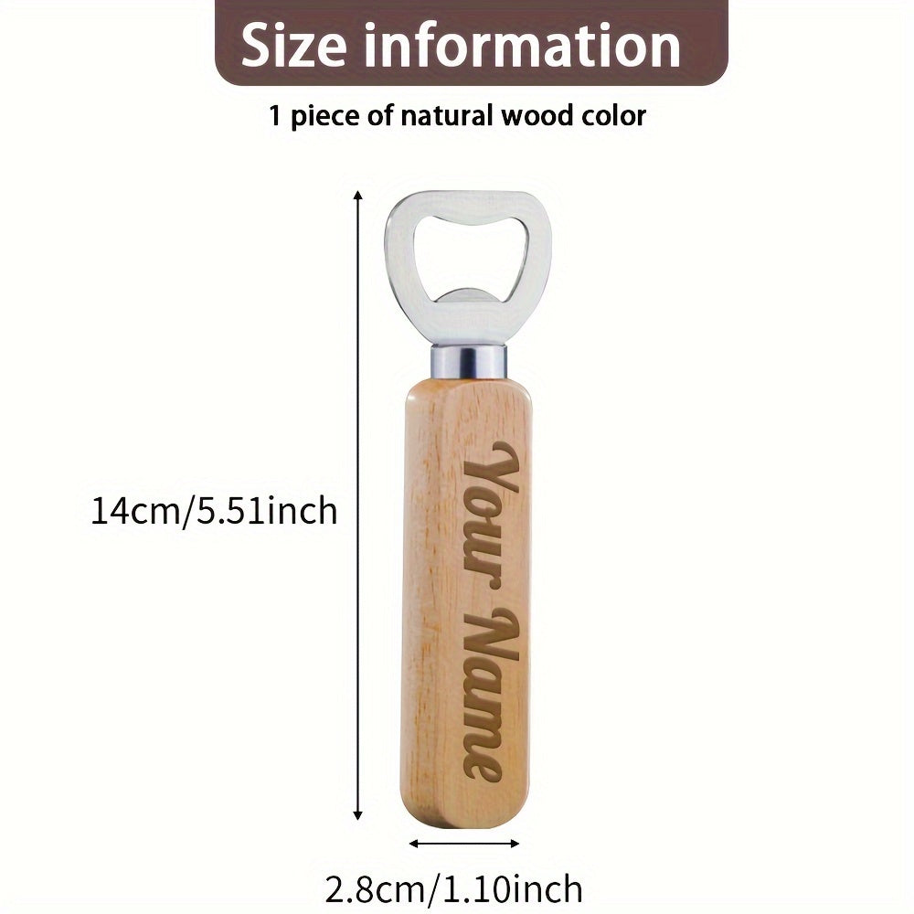 Custom engraved wooden beer bottle opener with stainless steel blade, perfect for any occasion.