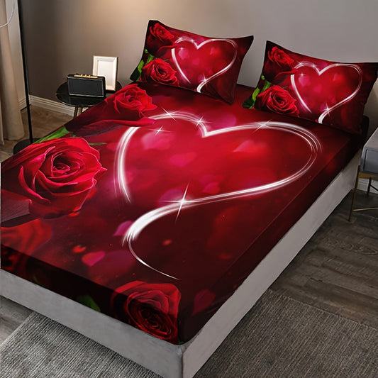 Set the mood with the 3-piece Romantic Rose Love Print Fitted Sheet Set. This soft, comfortable, and breathable bedding set includes a fitted sheet and two pillowcases, perfect for your bedroom or guest room. (Core not included)