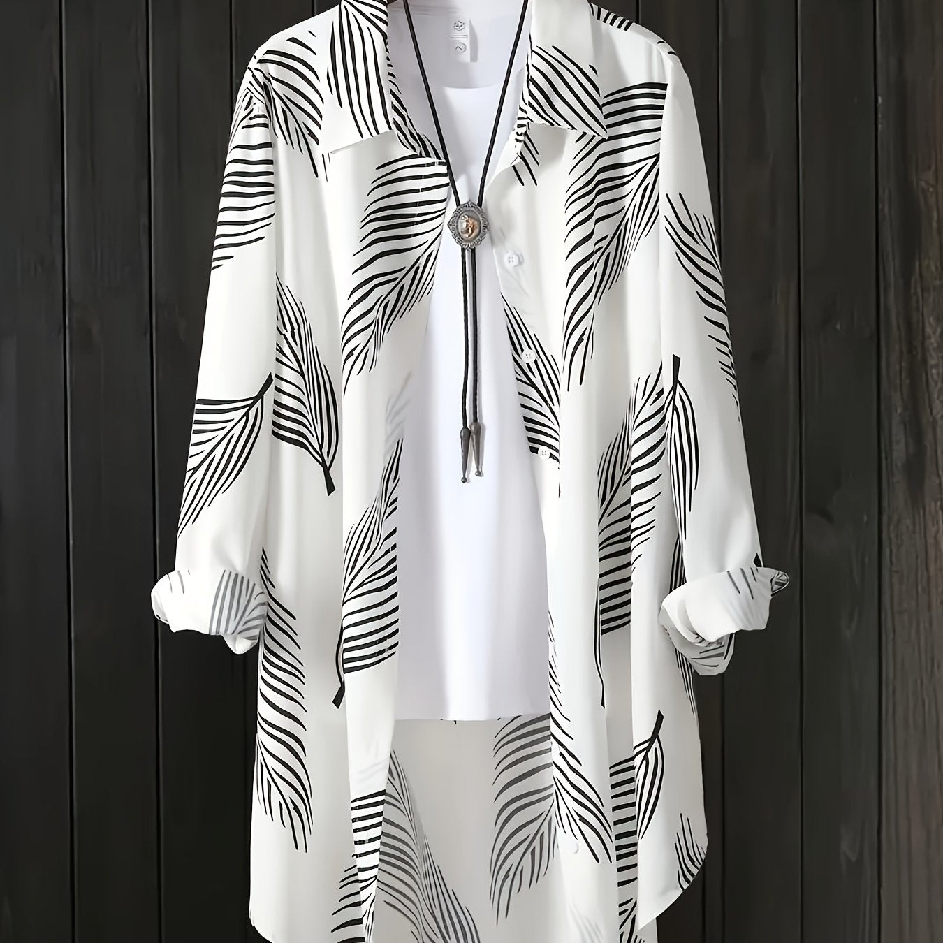 Printed button-up shirt with high-low hem and rolled sleeves, women's plus size.