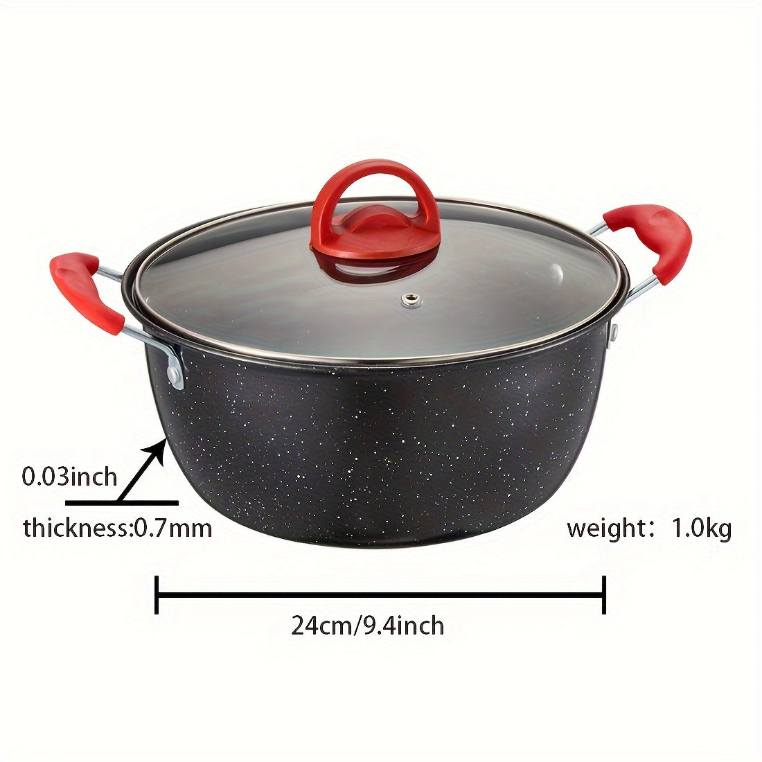 Multi-functional soup pot with a non-stick coating and matching lid, ideal for cooking stews, hot pots, and noodles. Can be used on gas and induction stoves. Features a timeless red and black design.