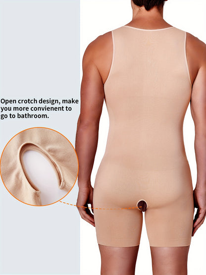 Junlan Men's Zippered Tummy Control Shapewear Bodysuit - Beige, Slim Fit, Compression Support, Hand Washable, Round Neck, Stretch Nylon Fabric, Discreet Support Garment, Semitransparent