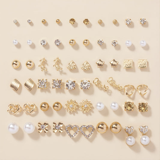 Set of 30 pairs of stud earrings, featuring a combination of alloy material, full rhinestones, faux pearls, and round love letters.