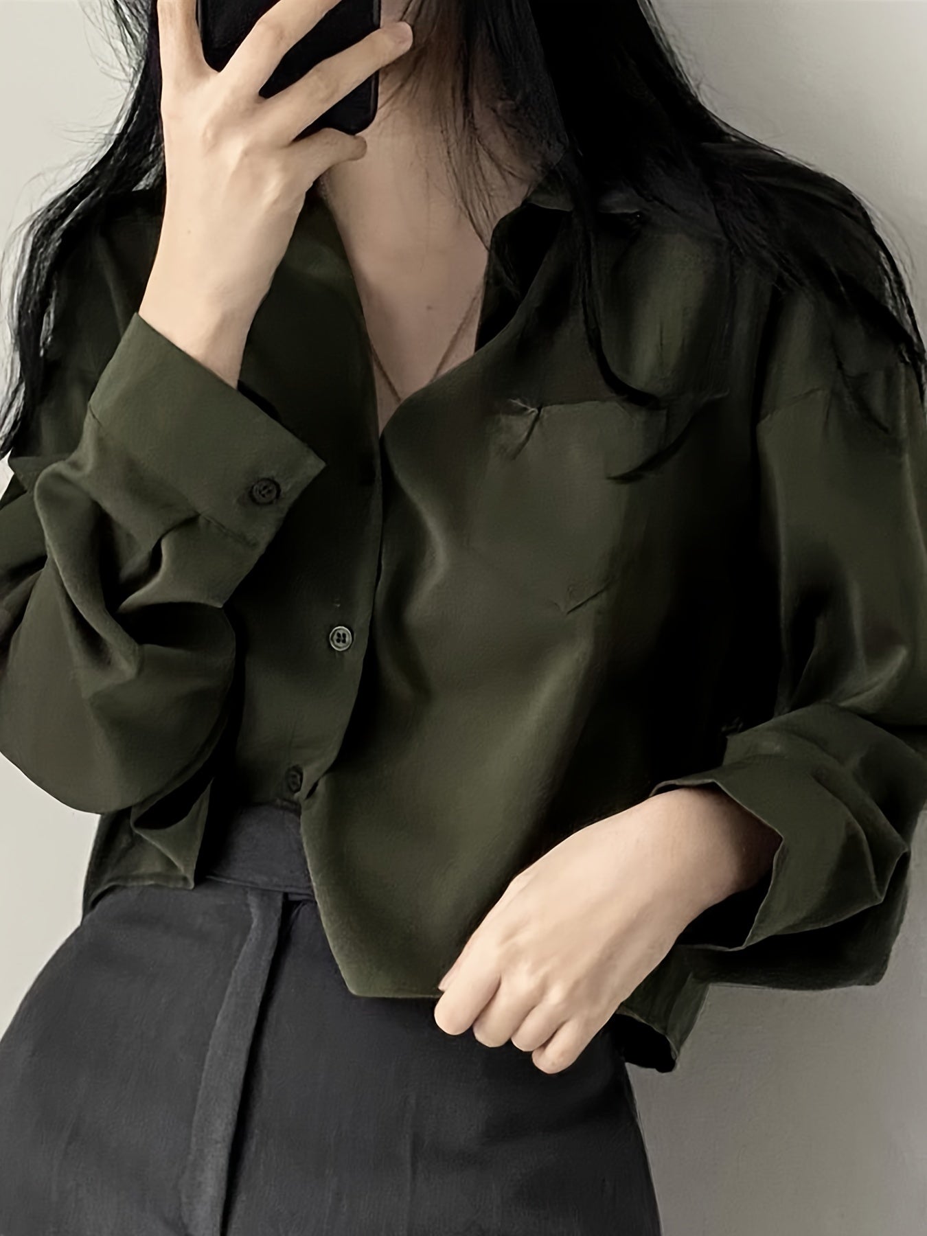 Women's long sleeve shirt with pocket, 100% polyester fabric, lapel collar, loose fit, suitable for spring/fall season - 120g/m².