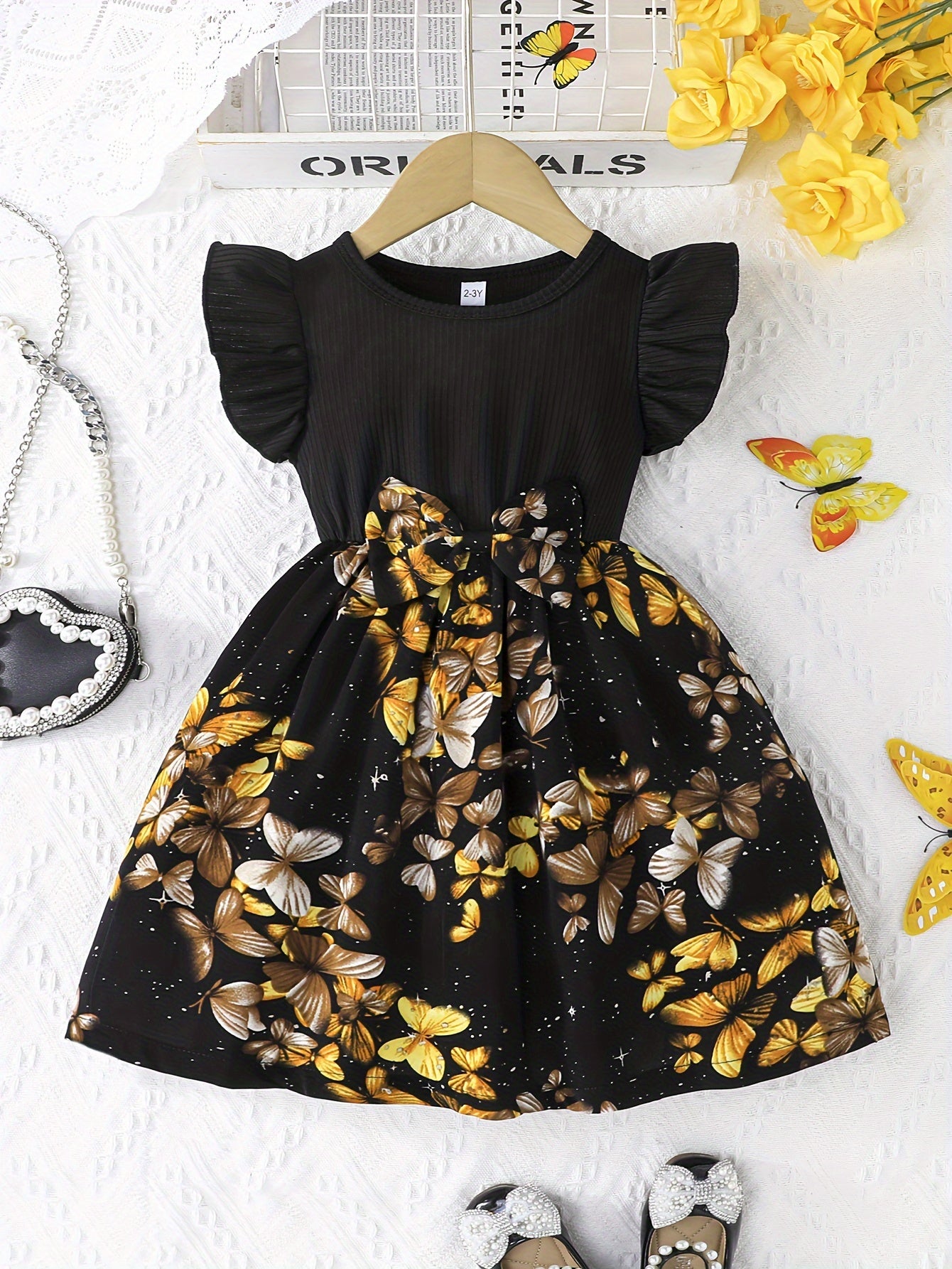 Black Polyester A-Line Midi Dress with Floral Print, Ruffle Sleeves, and Bow Detail for Girls, Ideal for Spring/Fall Outdoor Activities