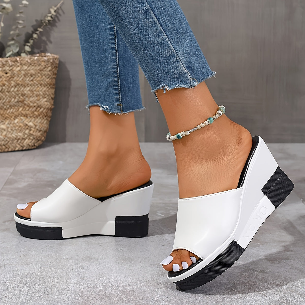 Summer wedge sandals for women with contrast peep toe and platform slide design for outdoor wear.