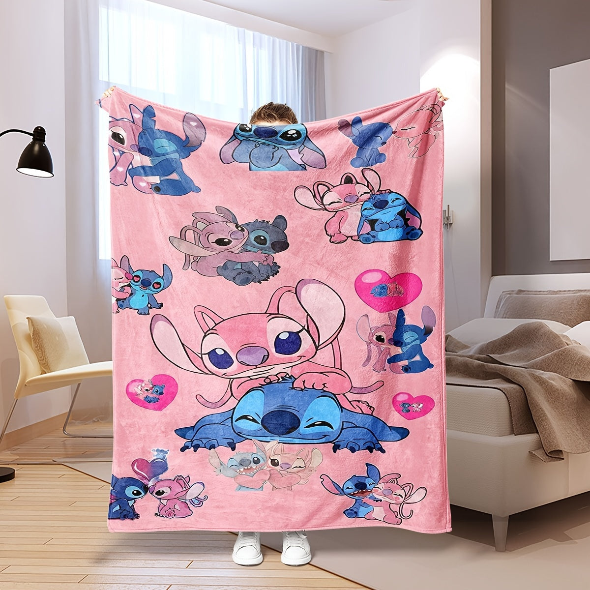 Pink Heart Stitch Cartoon Blanket - Multi-functional Knit Polyester Throw suitable for Every Season, Ideal for Bedroom, Couch, Car, and Journey