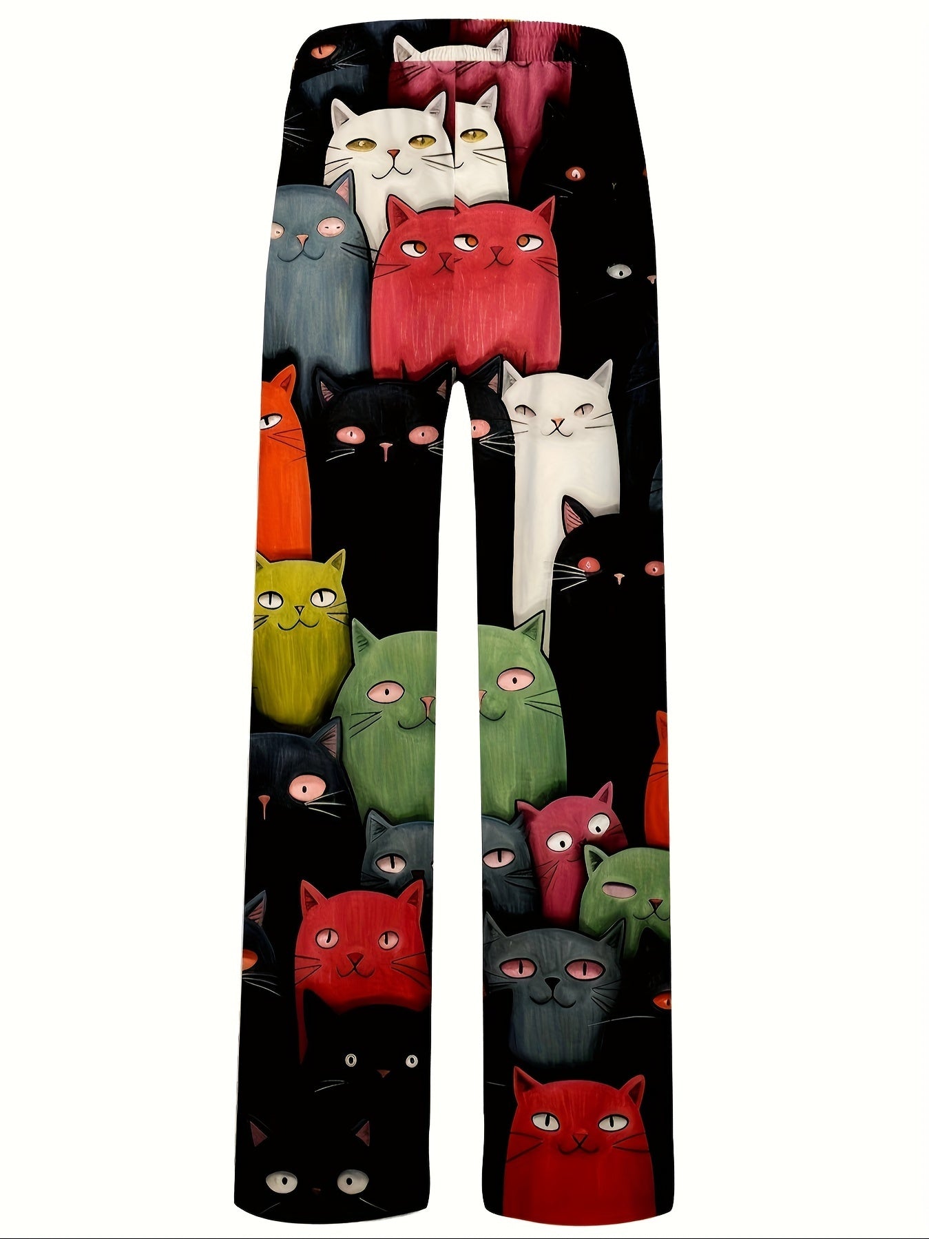 Loose-fitting men's pajama pants with 3D cat print, wide legs, pockets, and breathable polyester.