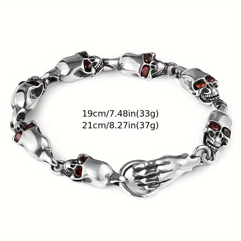 Vintage-inspired 925 sterling silver Gothic skull bracelet featuring a striking red eye charm. This adjustable punk style jewelry is ideal for couples and is perfect for daily wear and music festivals.