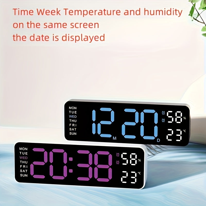 RIDAHOME LED clock with large display, temperature, humidity, and weather icons. USB powered, wall-mountable for home and office decor.