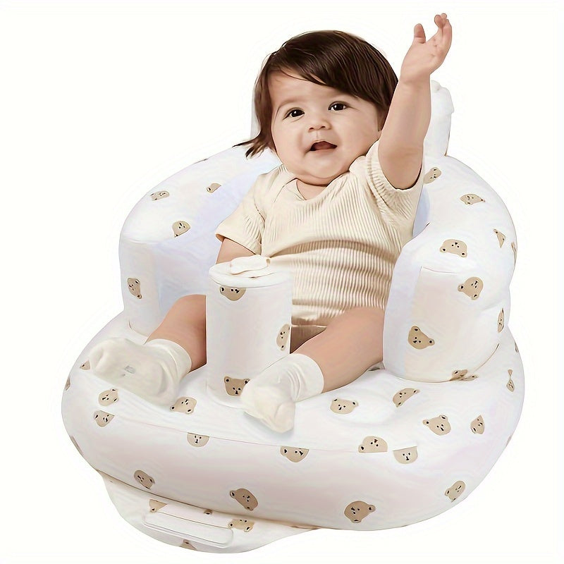 SUNGDOGIN Inflatable Baby Chair with Back Support, PVC Toddler Floor Seat for Sitting Up, Built-in Air Pump, White Bear Design - Suitable for Kids 3 Months and Up