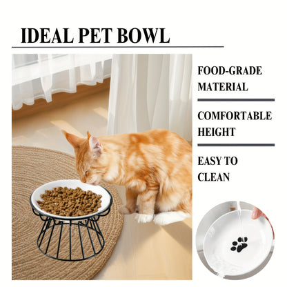 Raised ceramic cat bowl with anti-slip iron stand for comfortable and spine-friendly eating.