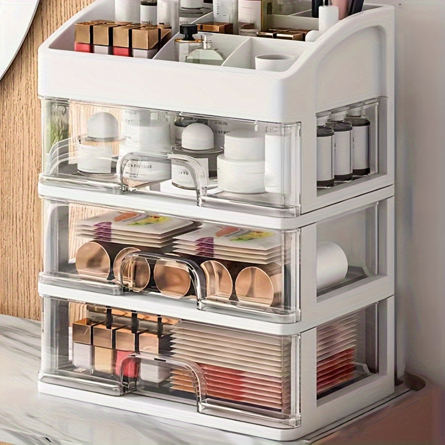 4-Tier Expandable Cosmetic Organizer made of durable PP material with a sleek unfinished design, perfect for bathroom and vanity display. Great for home decor and office desk organization.