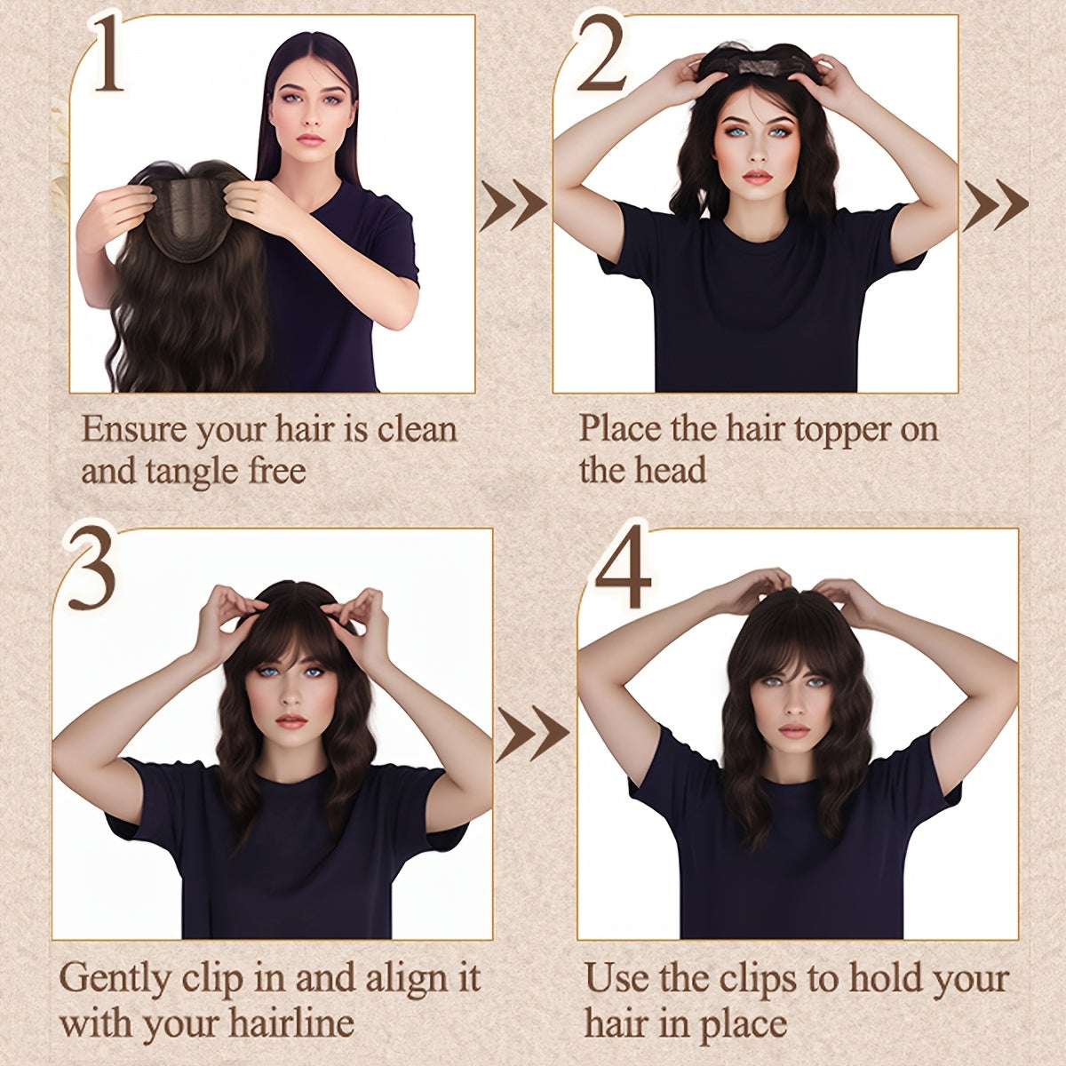 Straight synthetic hair pieces for women that seamlessly clip in to provide a natural-looking bang, with an invisible white cover and hair clips.