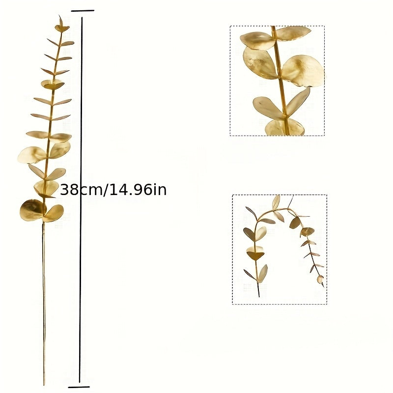 10-piece set of artificial golden eucalyptus stems for home and wedding decor, ideal for vase fillers and tabletop accents.