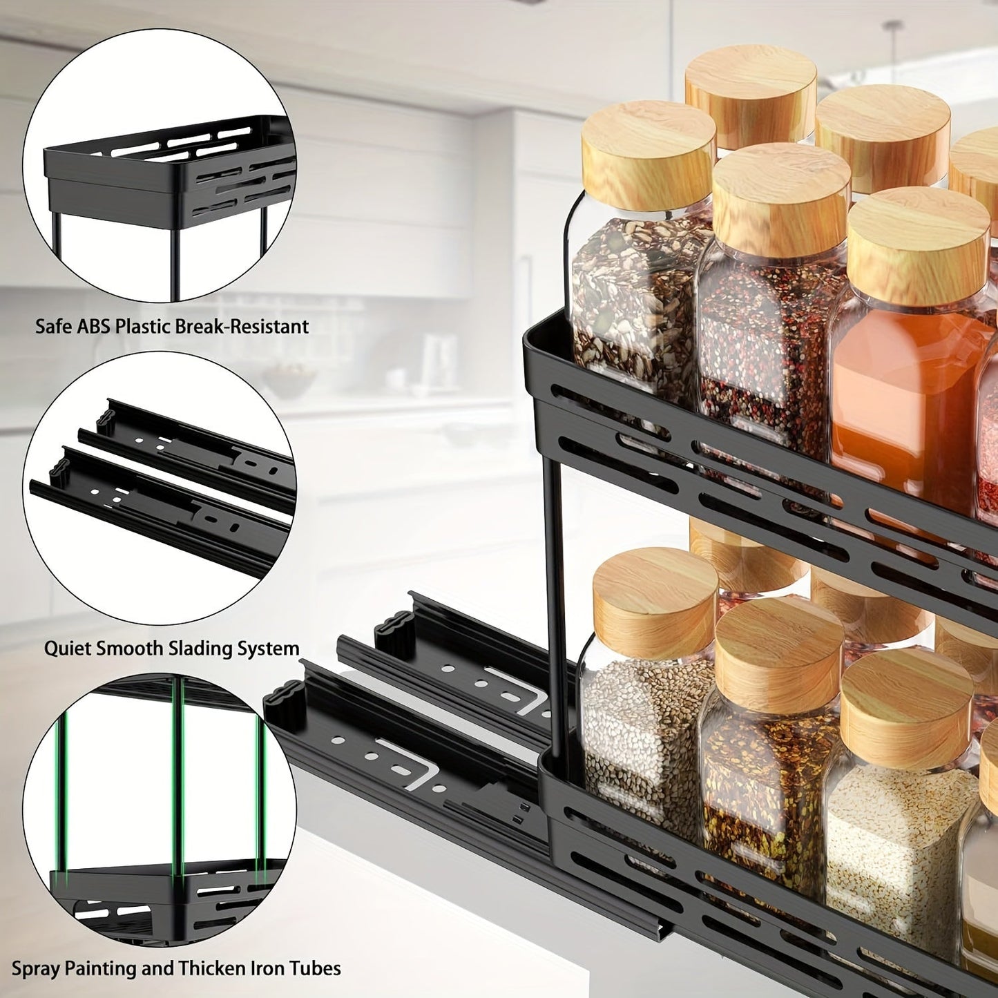 Easy to Install 3-Piece Pull-Out Spice Rack Organizer for Cabinets - Sturdy, Slide-Out Design Accommodates 10 Spice Jars on Each Tier