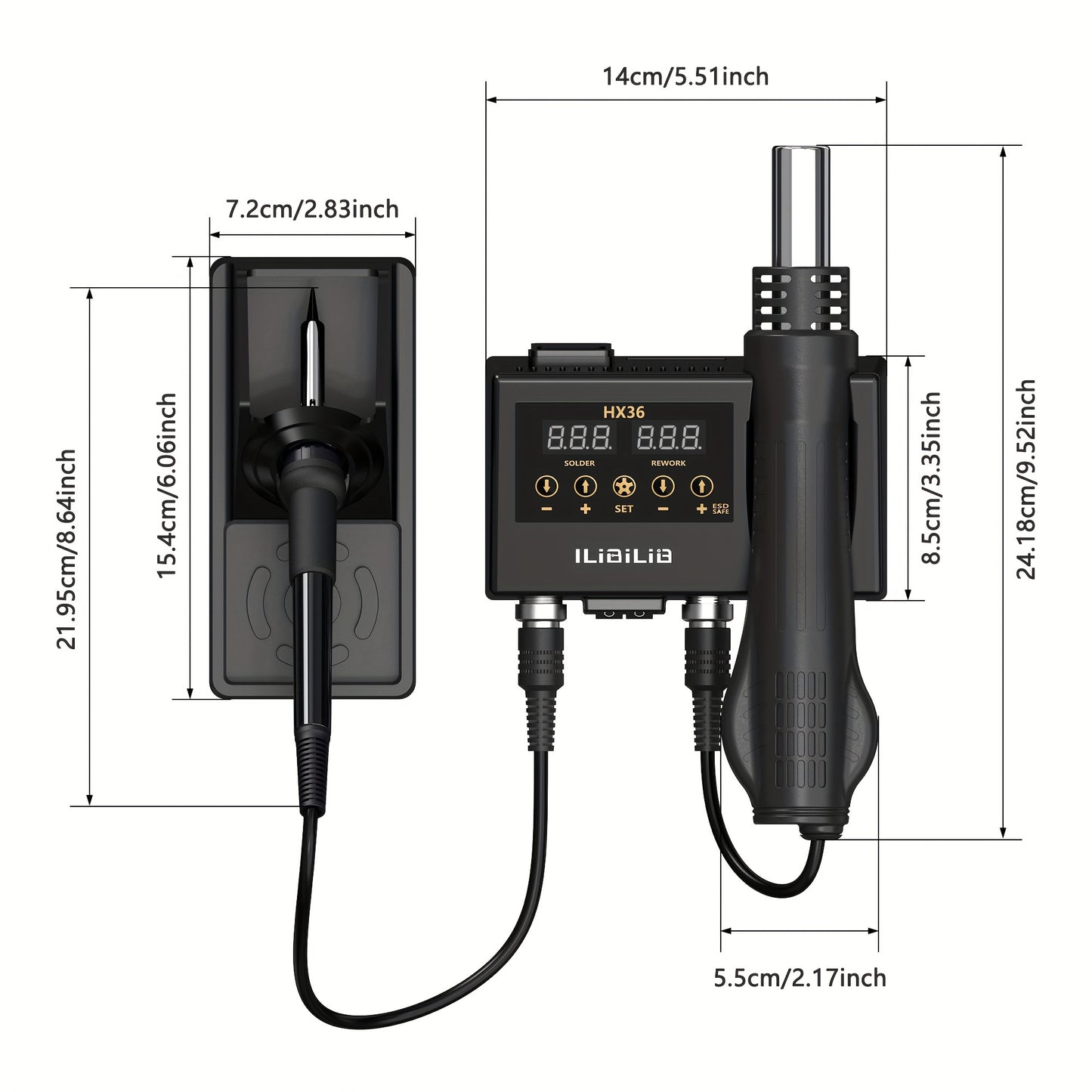 ILIBILIB 2-in-1 Rework Soldering Station Kit: SMD Hot Air & Iron Combo with Digital Temperature Control, 3 Heat Gun Nozzles, 2 Anti-Static Tweezers, Slip-Resistant ABS Design - Ideal for