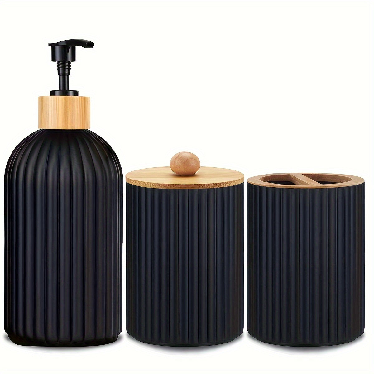 Set of 3 refillable bathroom dispensers made of lead-free plastic. Includes manual pump lotion dispenser, swab holder, and toothbrush organizer. Freestanding design requires no electricity.