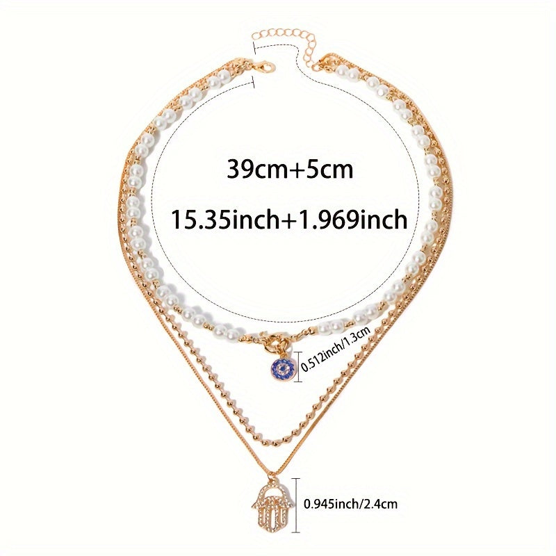 Multi-layered imitation pearl necklace featuring evil eye and Hamsa hand pendants, designed in classic punk style. Made with synthetic stones, alloy material, and no plating. Suitable for both men and women for everyday and vacation wear. Can be worn in