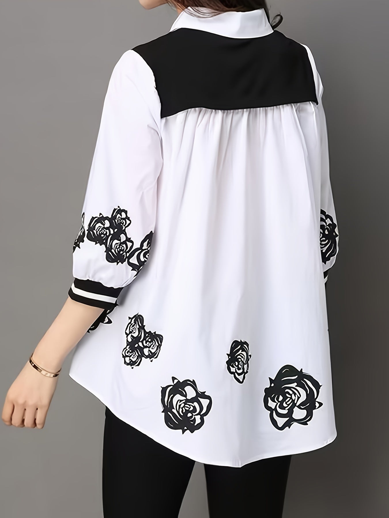 Stylish white and black chiffon shirt with random print design, featuring a unique fake two-piece design for a high-end look.