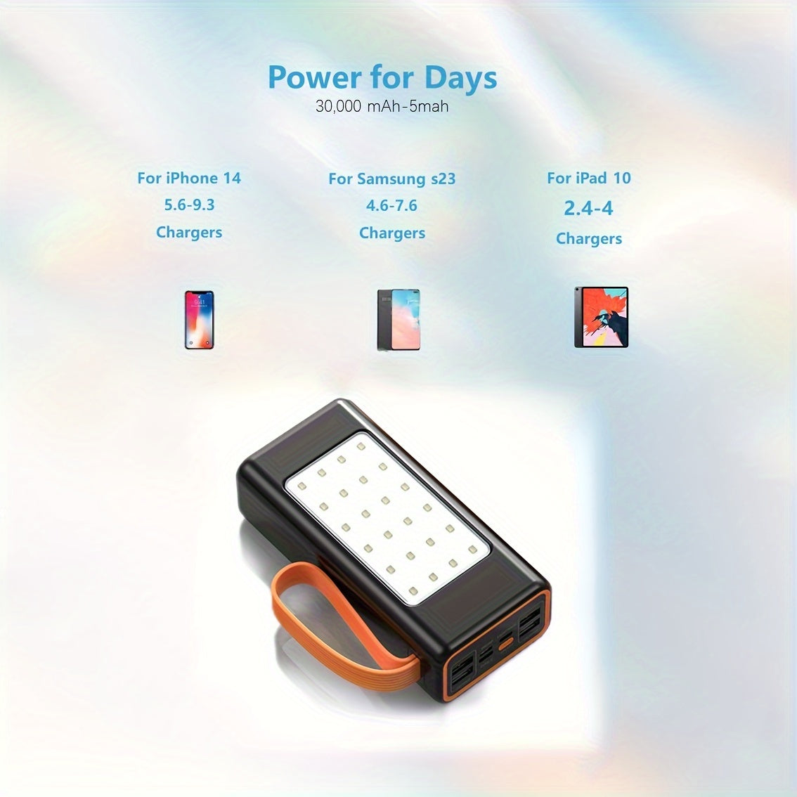 Portable power bank with 66W super fast charging, 30000mAh or 50000mAh capacity for outdoor use.