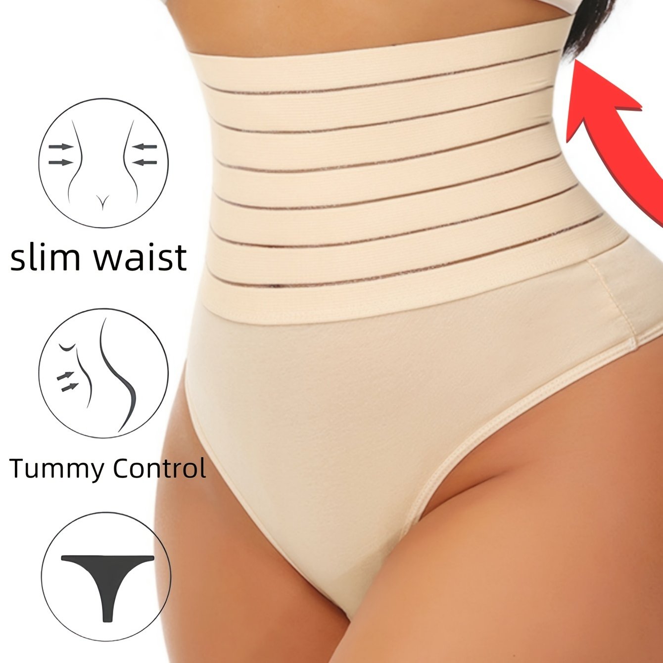 High-waist tummy control shapewear panties for women in black. Comfortable and breathable with no rolling. Made of stretchy nylon and elastane blend. Hand wash or dry clean. Ideal for