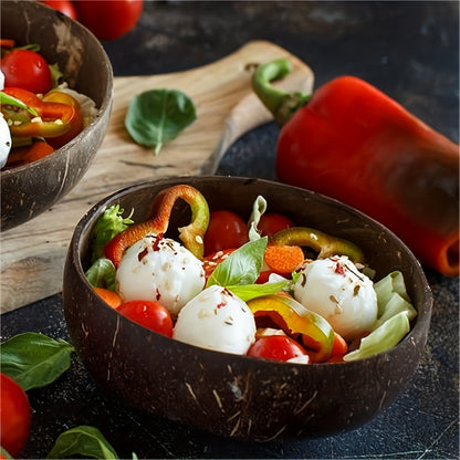 one set of 4: two coconut bowls, two wooden spoons, ideal for healthy vegetarian salads and ice cream, made from natural coconut.