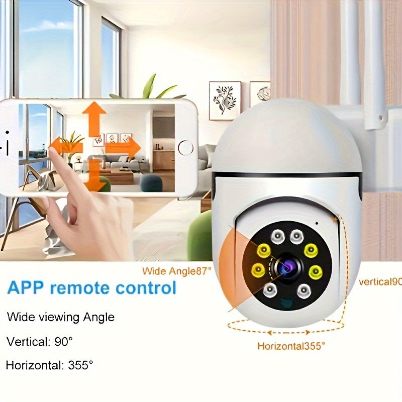 The YIIYRY 1080p HD Smart Security Camera offers 360° Pan/Tilt/Zoom capabilities, Night Vision, Two-Way Audio, Pet Detection, and is suitable for both indoor and outdoor use. It is USB powered and Wi-Fi enabled, housed in a sleek round ABS design.