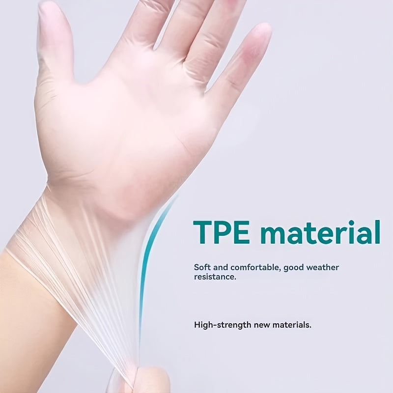 Disposable TPE gloves in packs of 100, 300, and 600, suitable for catering. Transparent and protective, made of food-grade material.