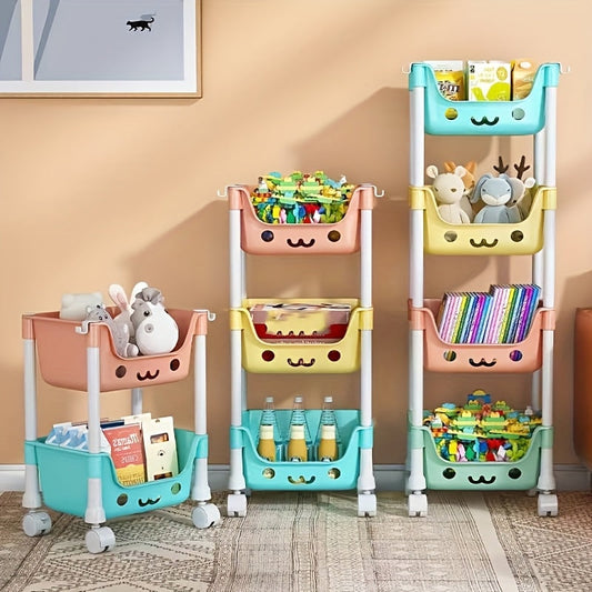 Cartoon-inspired design Tiered Plastic Storage Cart with Wheels, perfect for organizing toys, snacks, books, and more in any room without the need for electricity. Available in random colors. Great for floor mount use.