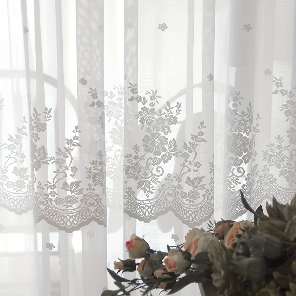 One piece of Romantic White Lace Curtain Panel, with adjustable length and machine washable. Featuring a delicate floral pattern, perfect for adding a touch of elegance to your bedroom, kitchen, or coffee shop decor.