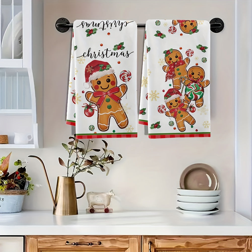 2 Christmas gingerbread man & lollipop kitchen towels - ultra-soft, absorbent microfiber cloths for holiday decor & home use