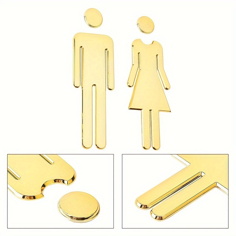 7.9-inch self-adhesive toilet door decal pair featuring painted male and female bathroom signs in Silvery Golden tone, suitable for office business and holiday decoration.