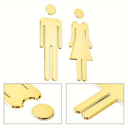 7.9-inch self-adhesive toilet door decal pair featuring painted male and female bathroom signs in Silvery Golden tone, suitable for office business and holiday decoration.