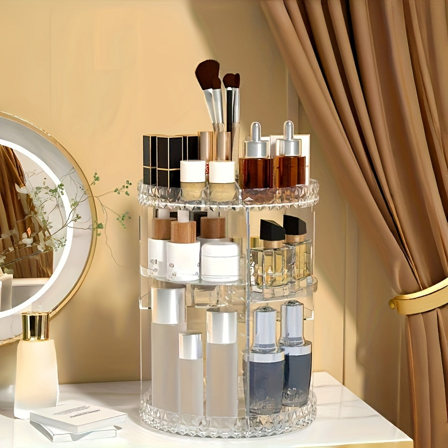 Rotating makeup organizer for versatile cosmetic storage, including pen holder. Ideal for vanity and desk organization.