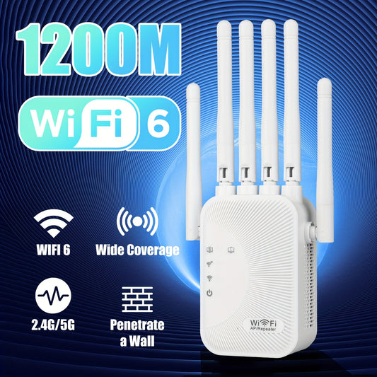 WiFi signal extender with 1200Mbps speed, dual-band 2.4G/5GHz, WiFi 6 support, 6 antennas, ideal for homes, malls, and cafes.