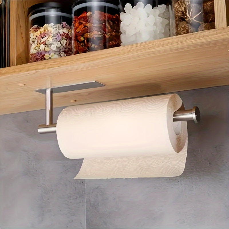 Stainless Steel Kitchen Paper Holder - 1PC, with Strong Self Adhesive or Perforated Mounting for Under Wall/Cabinet Installation in Kitchen or Bathroom. Features a 13 Inch Rod to Fit Most Roll Sizes. Perfect for Christmas or Halloween Gifts.