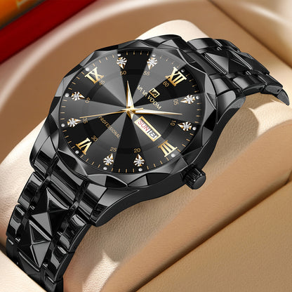 Men's stainless steel watch with night glow rhinestone rivets in a fashionable business style.