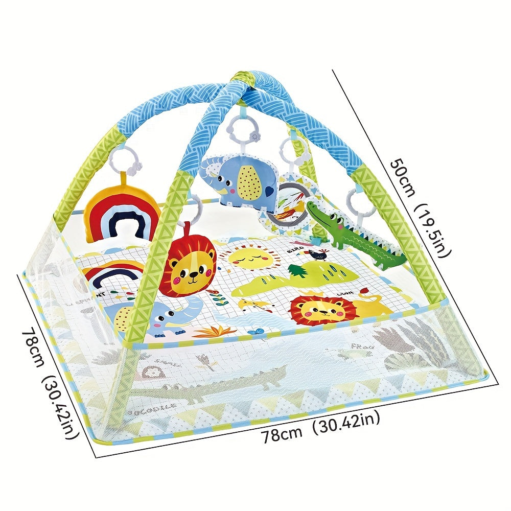 Assembly required, this infant activity center play gym features a multifunctional fence, cloth mat with a jungle animal theme, soft hanging toys, and an educational playmat suitable for newborns up to 3 years old. This would make an ideal gift for