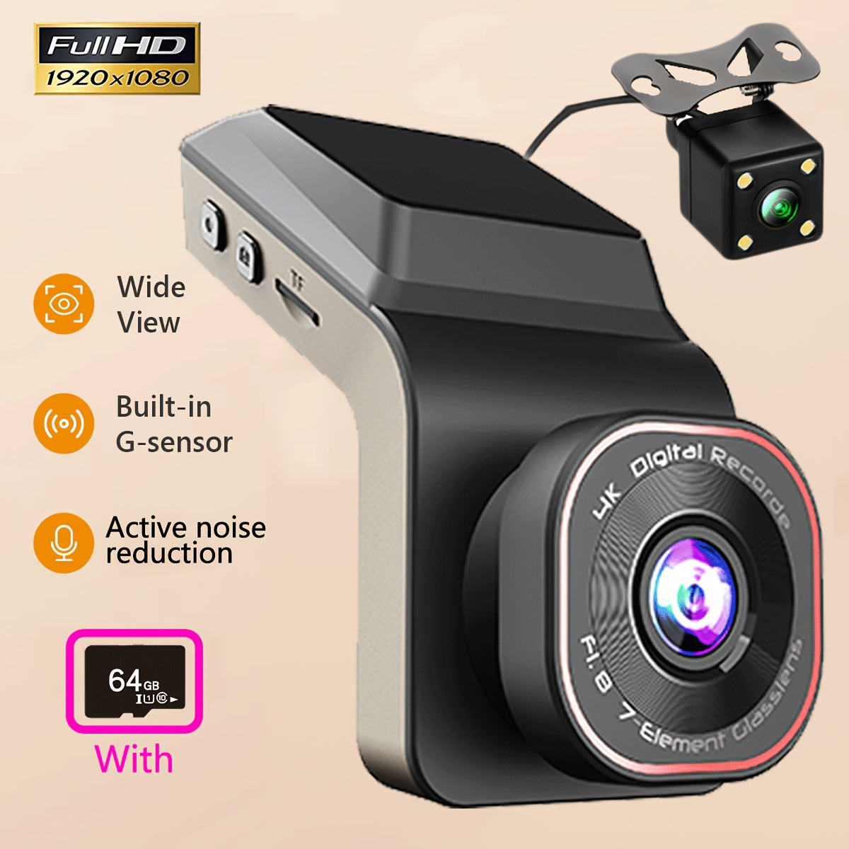 Car DV New Upgraded Model with Large Front and Rear Dual Recording, Hidden Mini Screen, HDR No-Light Night Vision, Easy to Install, Automatic Loop Video Recording, Includes High-Speed